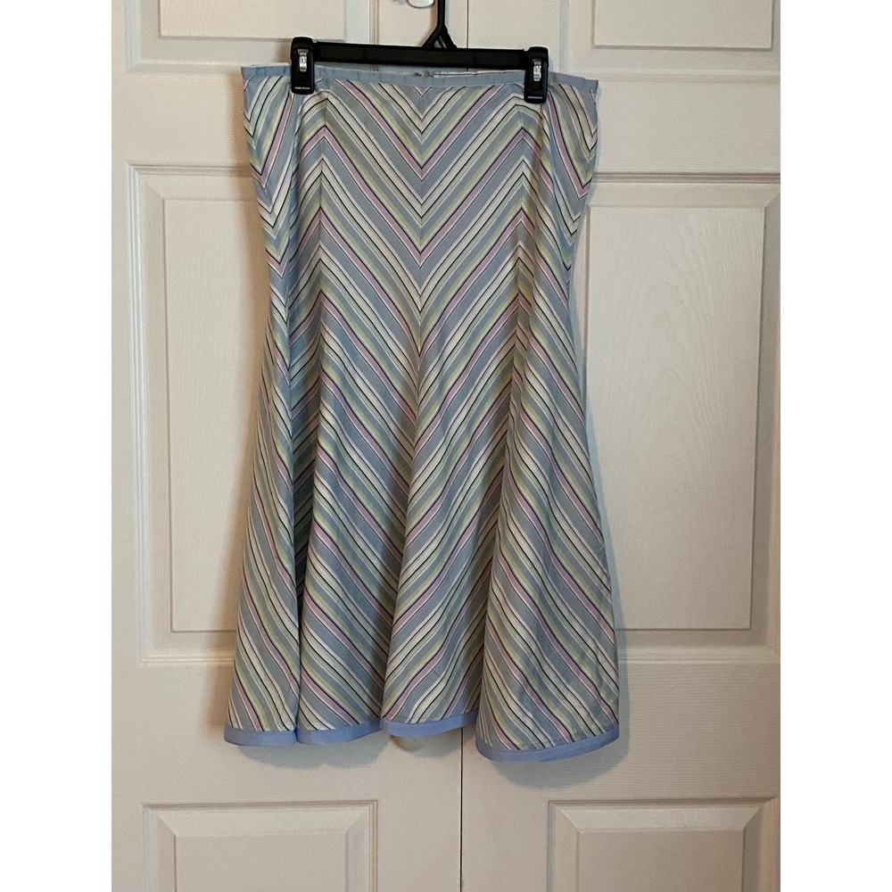 Emma James Liz Claiborne Chevron Stripe Cotton A-Line Midi Skirt Blue Green 14